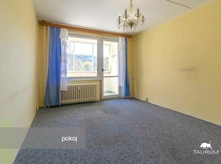 Světlý obývací pokoj s kobercovou podlahou, velká okna a balkon, ve světlých barvách s možností rekonstrukce.