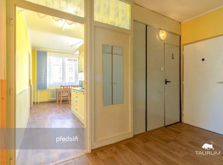 Prostorná předsíň s parketovou podlahou, vestavěné skříně a světlé stěny vytvářejí moderní a útulný vstup do bytu.