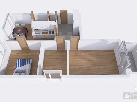 Půdorys bytu s moderní kuchyní, dřevěnou podlahou a velkými okny; světlé prostory ideální pro rodinné bydlení.