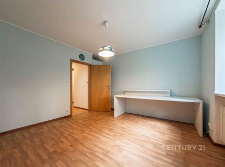 Světlý pokoj s parketovou podlahou, dřevěnými dveřmi a velkými okny, moderní styl nabízí prostor pro kreativní úpravy a pohodlné bydlení.