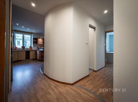 Prostorná chodba s moderní vinylovou podlahou, zaoblené stěny vedou do kuchyně s velkými okny a vestavěnými spotřebiči.