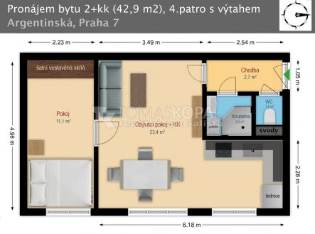 Pronájem bytu, 2+kk, 43 m²