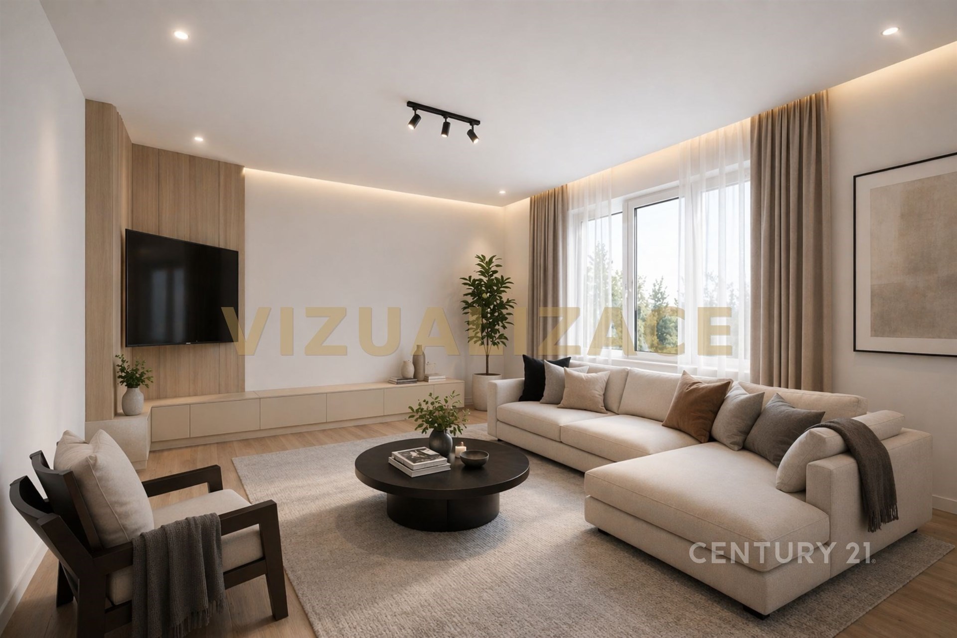 Světlý obývací pokoj s moderní sedací soupravou, velkými okny a dřevěným obložením stěn, které vytváří útulnou atmosféru; elegantní interiér.