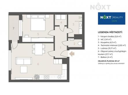 Pronájem bytu, 2+kk, 59 m²