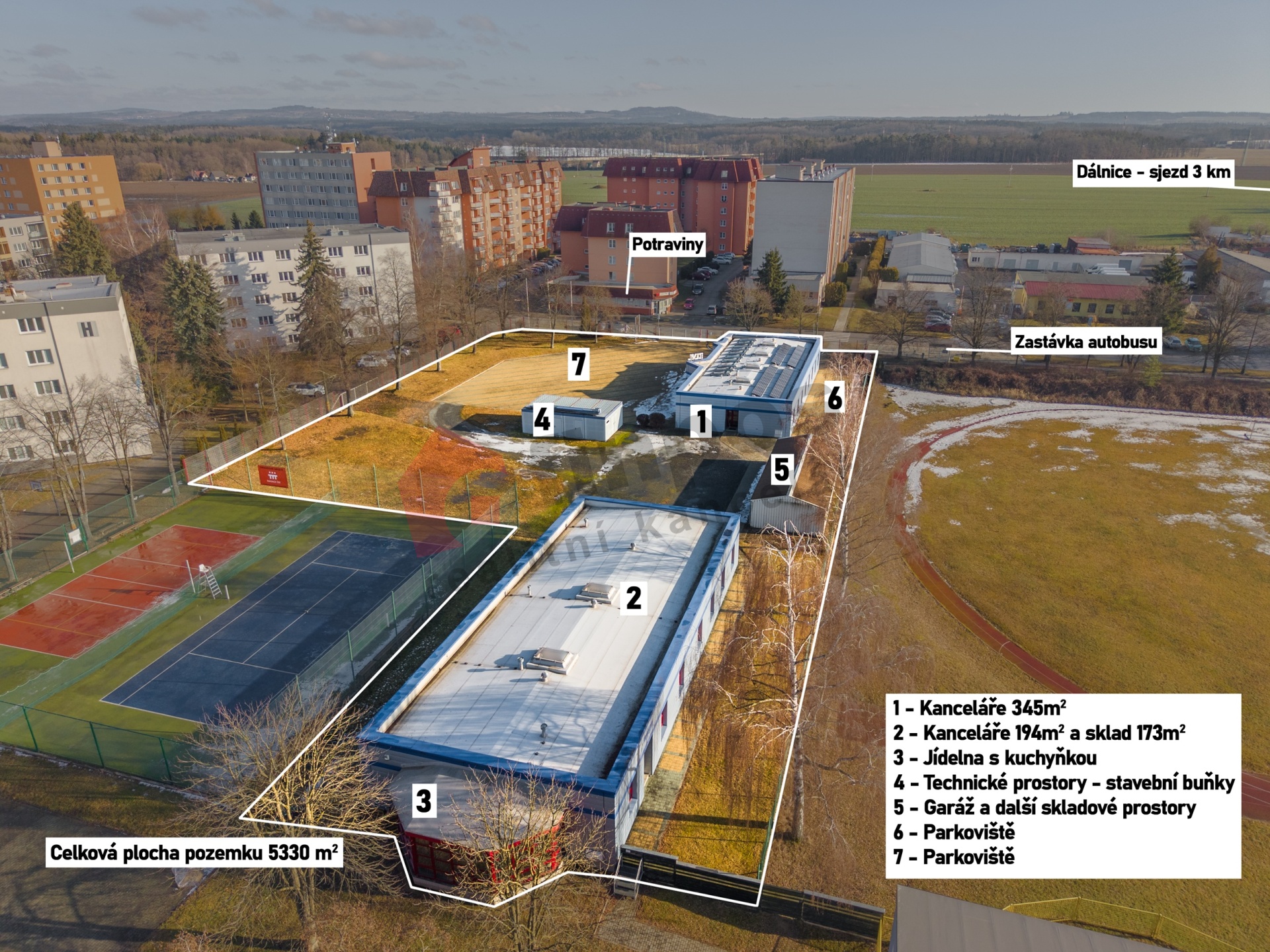 Komerční ohraničený Areál 5330 m2 - Kanceláře 539 m2, skladové a výrobní prostory 173 m2 - Tábor - S