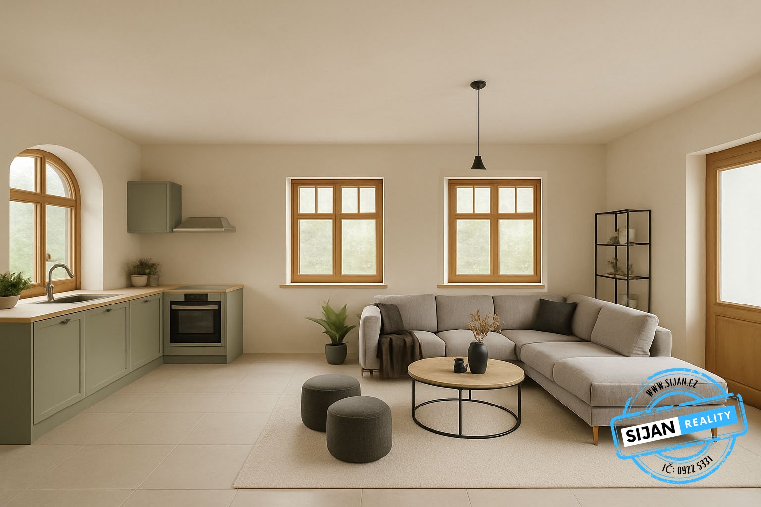 Vizualizace Obývací pokoj s kuchyňským koutem
