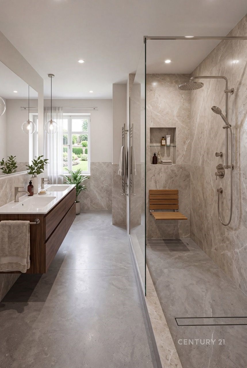 Luxusní koupelna s velkou prosklenou sprchou, mramorovými stěnami a moderním dřevěným nábytkem, světlý interiér a elegantní design.
