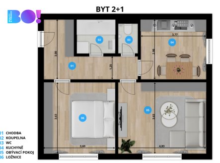 Prodej bytu, 2+1, 53 m²