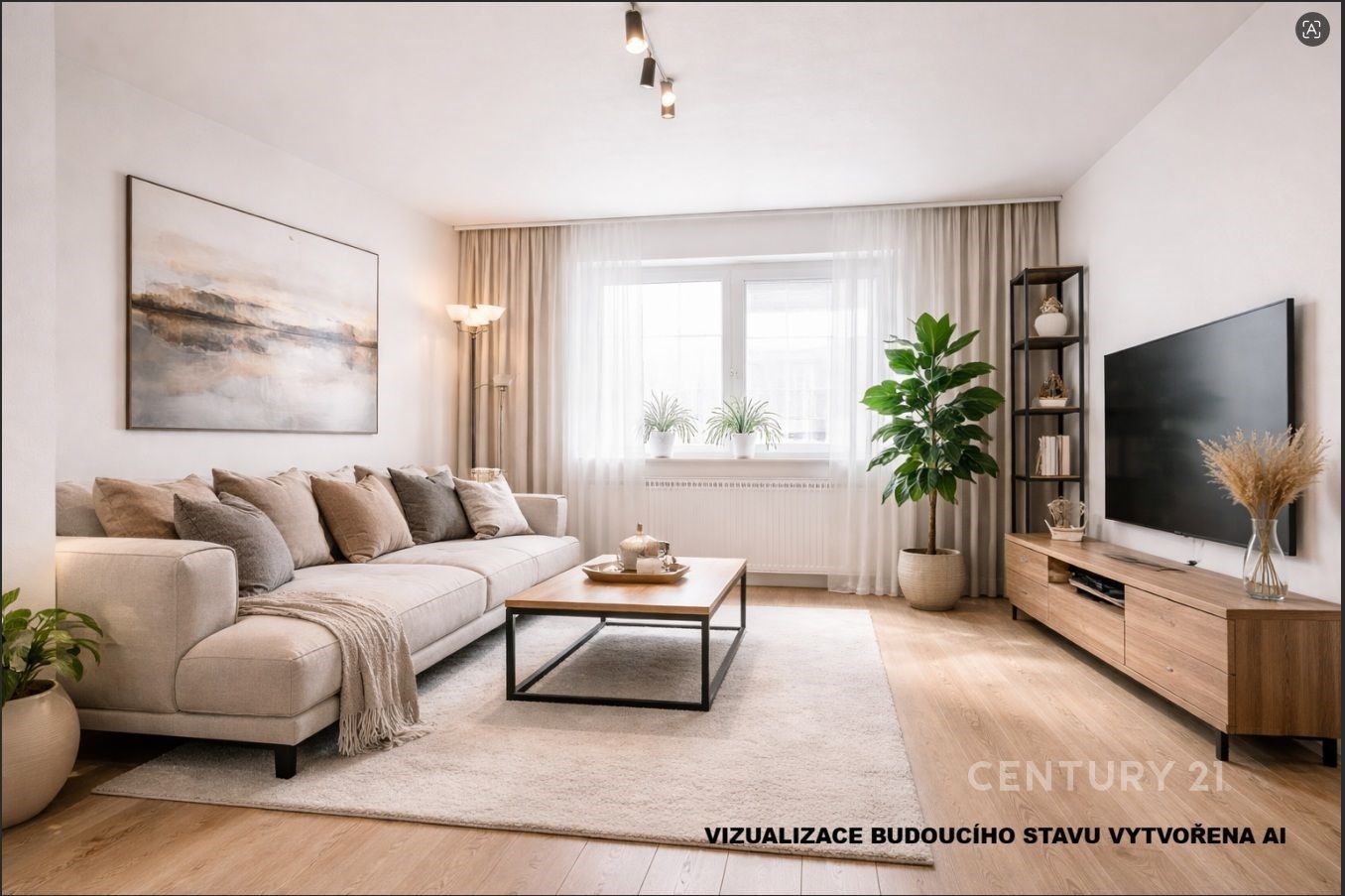 Světlý obývací pokoj s parketovou podlahou, moderní nábytkem a velkými okny, které zajišťují dostatek přirozeného světla.