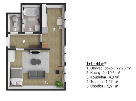 Prodej bytu, 1+1, 44 m²