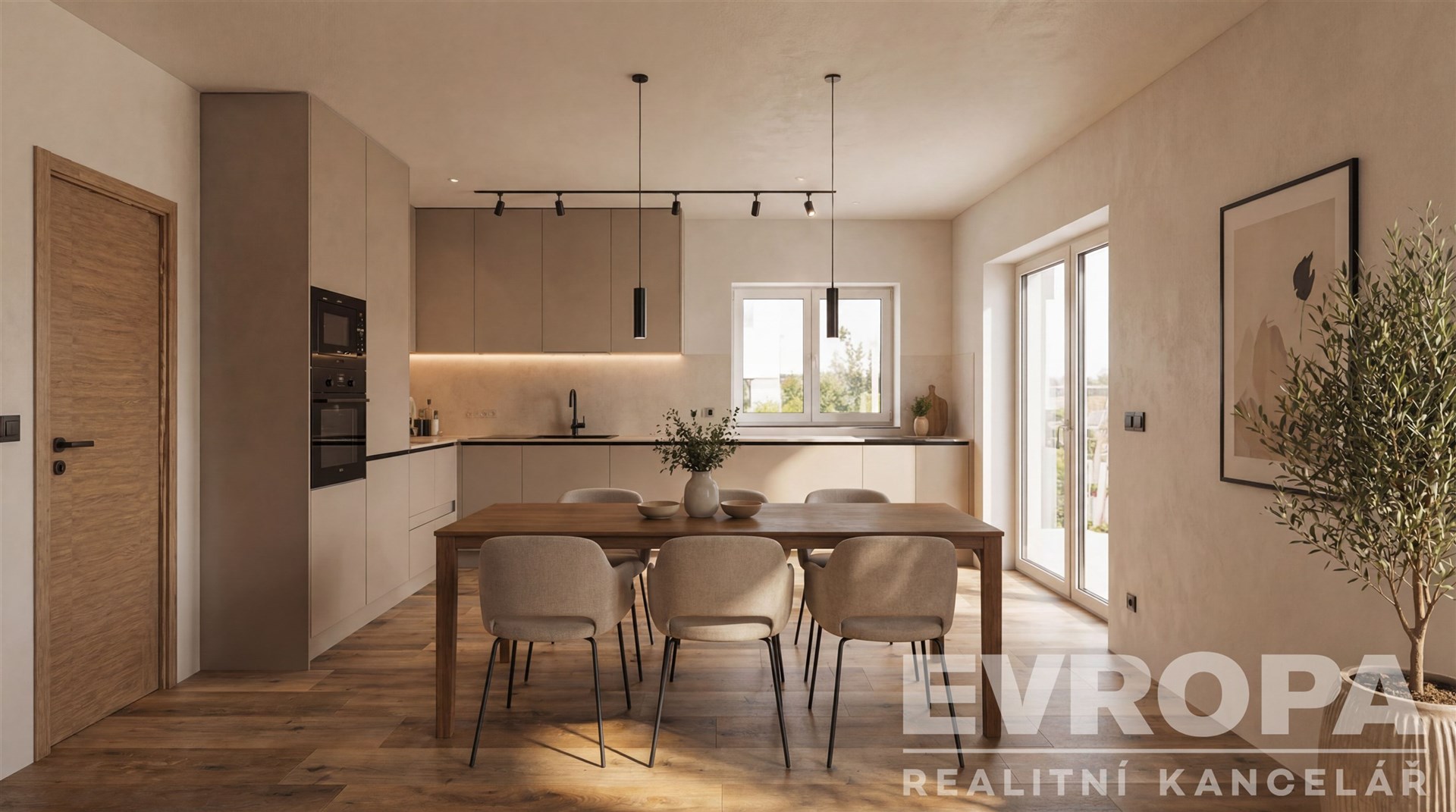 Moderní kuchyň s parketovou podlahou, vestavěné spotřebiče a velká okna poskytují světlý prostor a stylový vzhled.