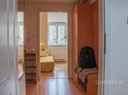 Předsíň s parketovou podlahou, vestavěnými skříněmi a moderním designem nabízí útulný vstup do bytu.