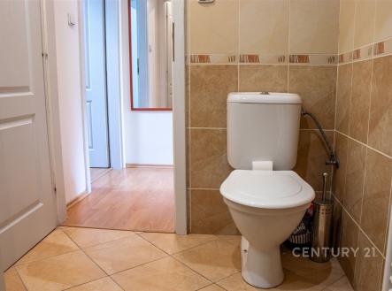 Koupelna s dlažbou, světlými dlaždicemi a moderními sanitárními prvky, vedoucí k chodbě s parketovou podlahou.