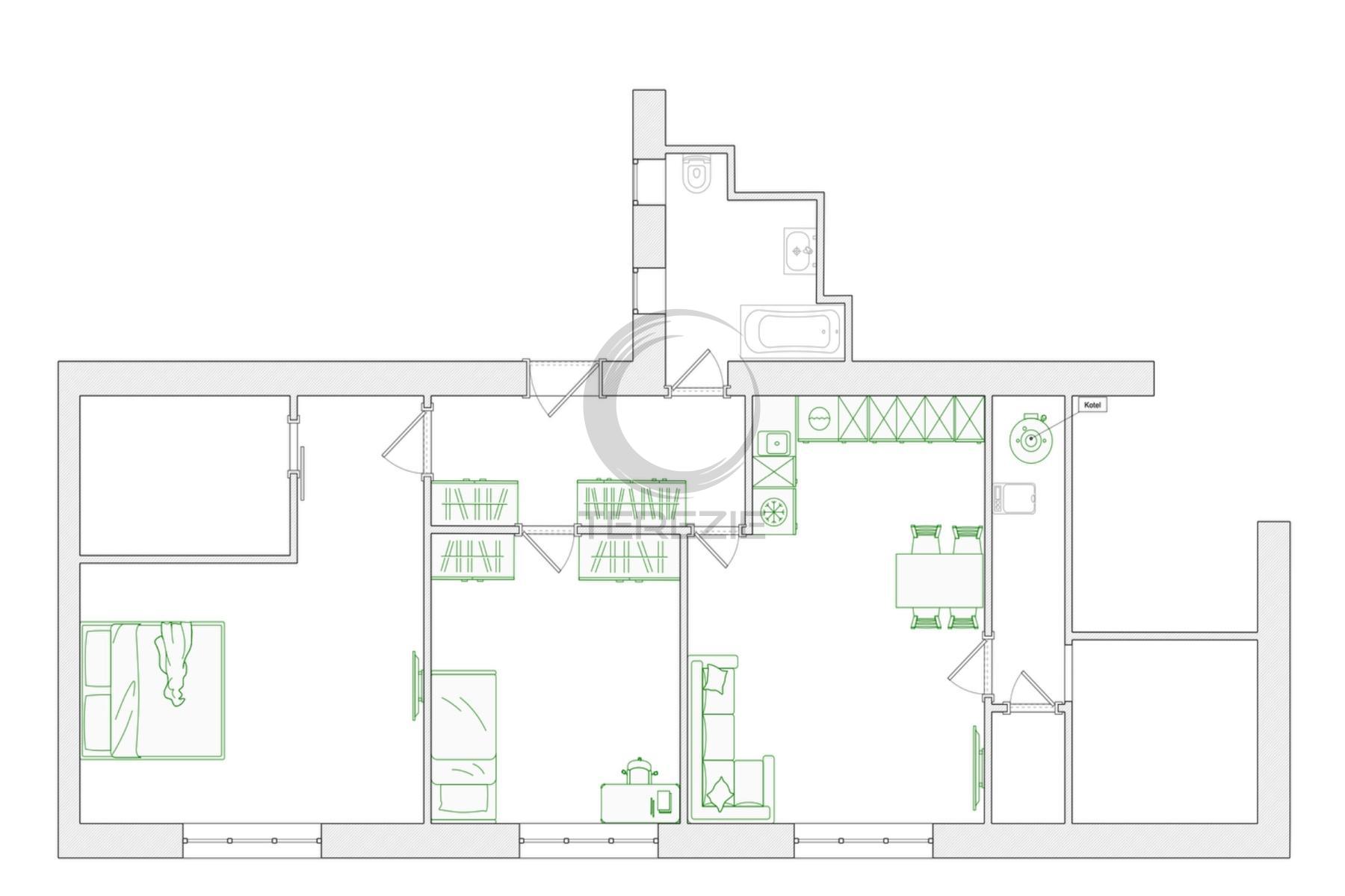 Půdorys budoucího stavu 3+kk, Božkova, Dejvice, Praha 6
