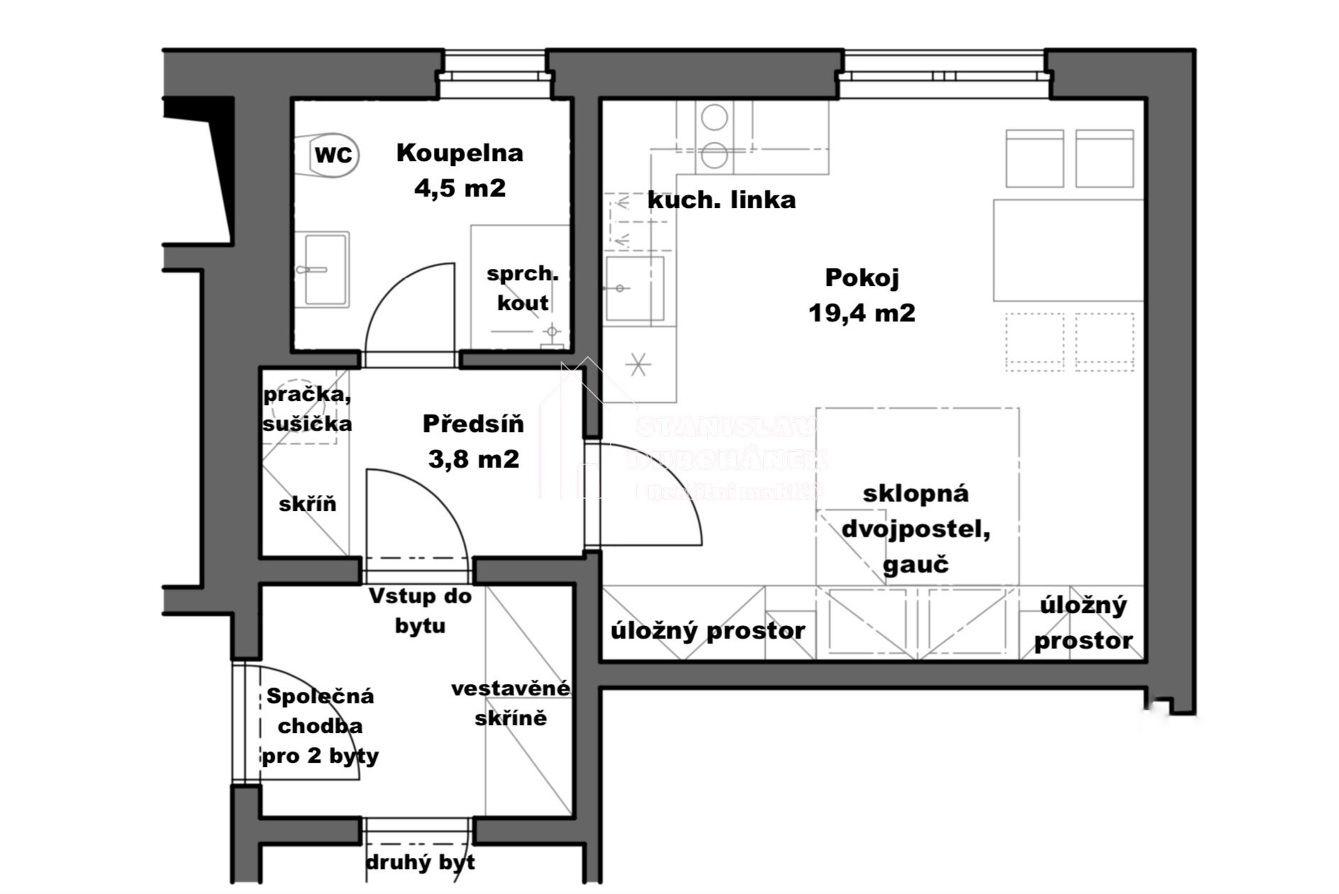 Pronájem zařízeného bytu 1+kk, 27,8 m2, Praha 8-Střížkov, ulice Střížkovská, 5 minut od metra