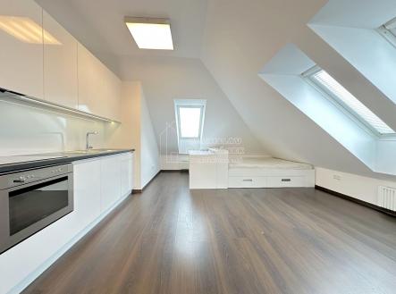 Pronájem vybaveného podkrovního bytu 1+kk, 43 m2, Praha 8, ulice Střelničná, minutu od metra Ládví