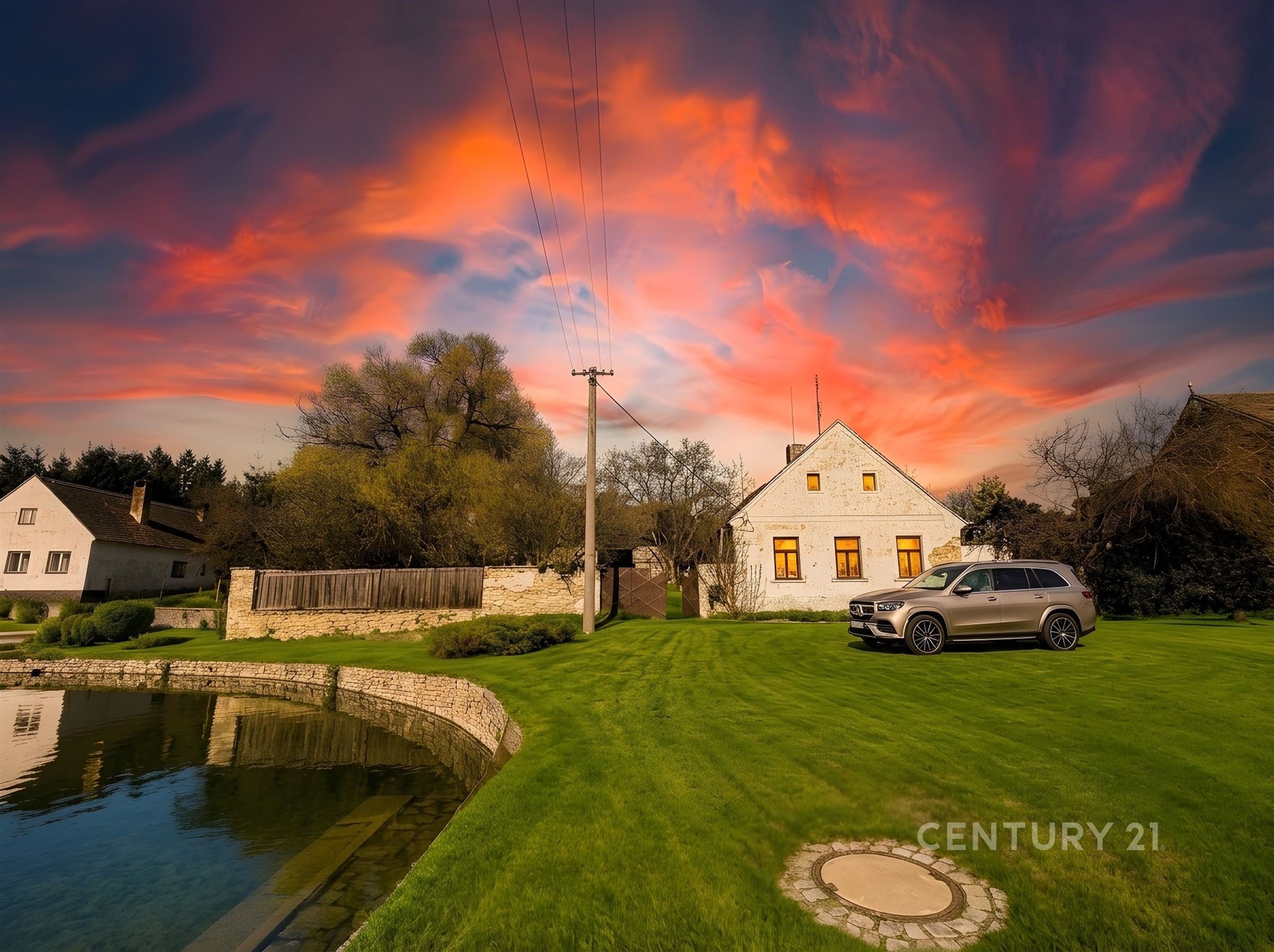 Kamenný venkovský dům s moderním autem na prostorné zelené zahradě, vedle rybníka. Okolí nabízí klid a přírodní krásy.