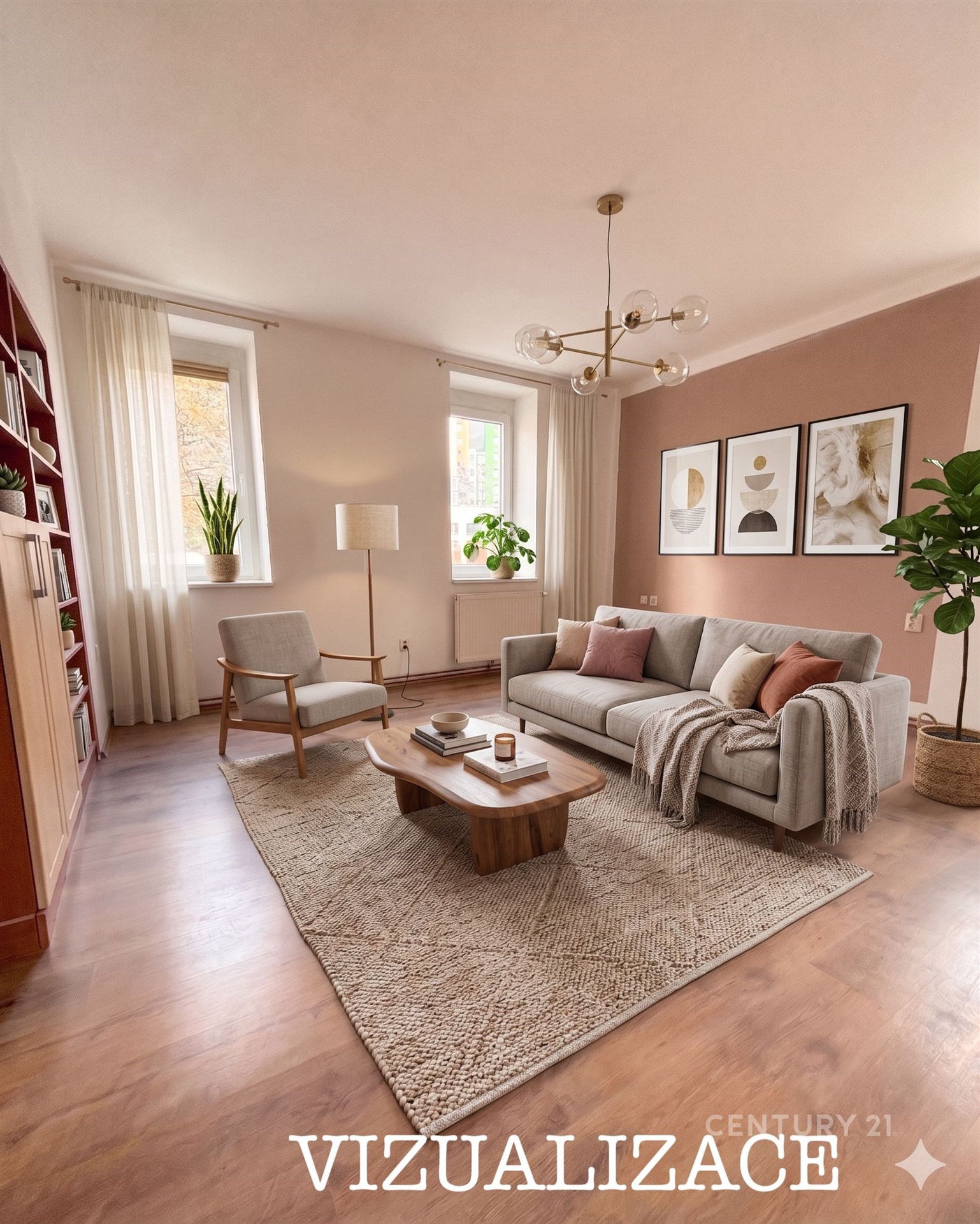 Světlý obývací pokoj s parketovou podlahou, velkými okny a moderním nábytkem, nabízí útulný prostor pro relaxaci a setkávání.