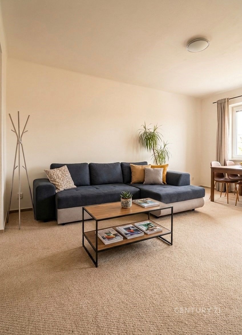Světlý obývací pokoj, moderní design, koberec, velká okna, kvalitní nábytek, pohodlný gauč, jídelní stůl, dekorativní rostlina.