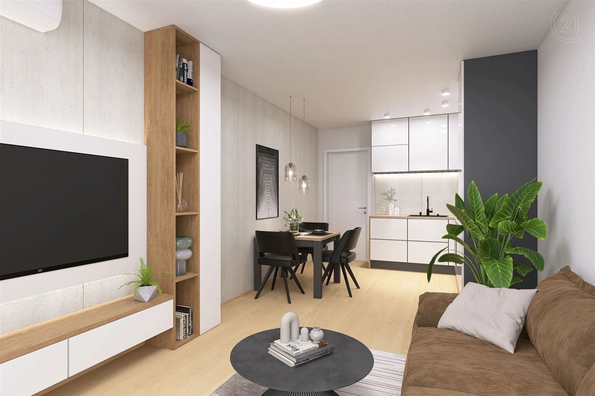 obývák-jídelna s dřevěná podlaha, nástěnná klimatizace, televize, a dřez