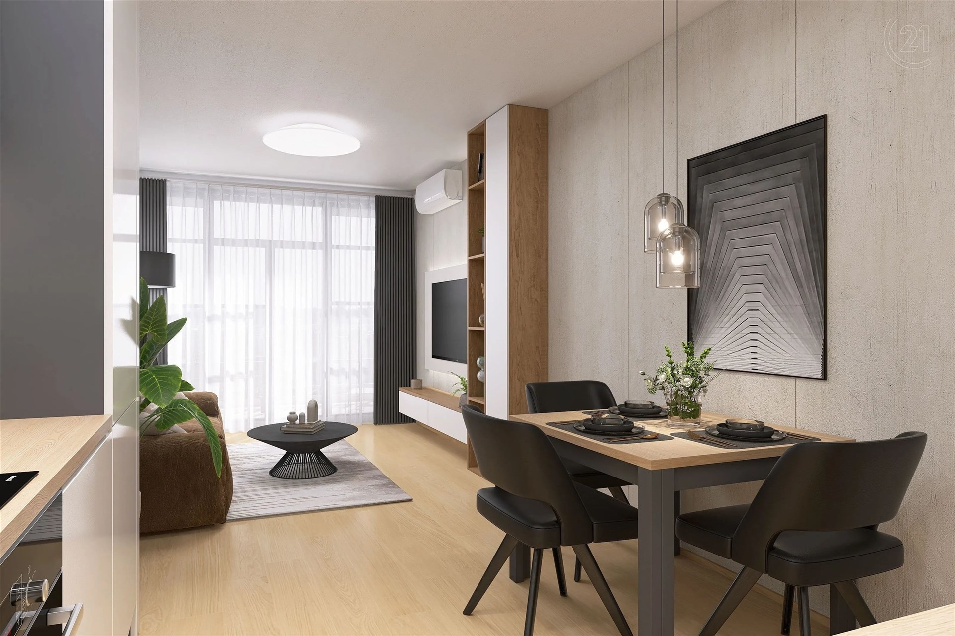 obývák-jídelna s okna stropní podlahy, nástěnná klimatizace, dřevěná podlaha, a přirozené světlo