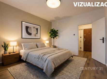 Prostorná ložnice s parketovou podlahou, moderním osvětlením a velkou rostlinou, nabízí klidnou atmosféru a stylový design.