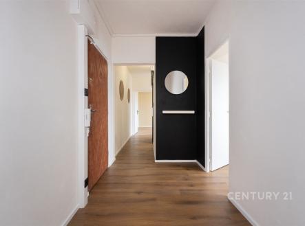 Vstupní chodba s parketovou podlahou a moderní černou stěnou, světlý prostor propojující místnosti v rekonstruovaném bytě.