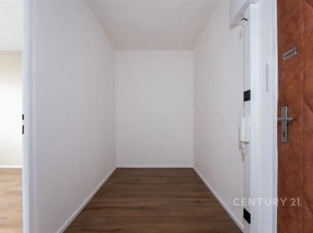 Vstupní chodba s dřevěnou podlahou, čisté bílé stěny a bezpečnostní dveře. Moderní a světlé provedení nabízí praktické využití prostoru.
