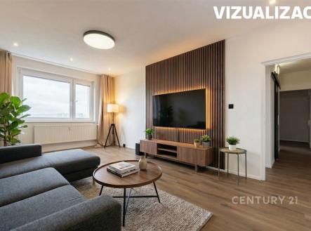 Světlý obývací pokoj s parketovou podlahou a velkými okny, moderní design, dřevěný nábytek, útulné osvětlení, minimalistický styl.