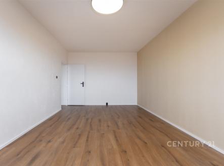 Úzká místnost s parketovou podlahou, světlé stěny, minimalistické dveře, moderní styl, vhodná pro vestavěné skříně nebo pracovnu.