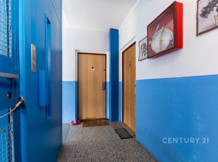 Vstupní hala s dlažbou, dvěma dřevěnými dveřmi a starším výtahem, ideální pro bytový dům.