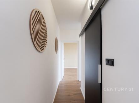 Úzká chodba s moderními prvky, dřevěná podlaha a posuvné dveře. Minimalistický design a dekorativní prvky na stěnách.
