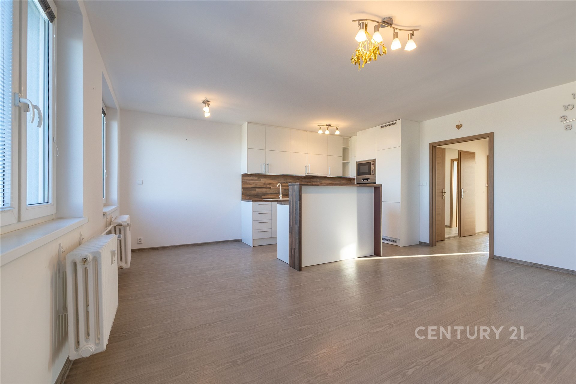 Světlý obývací pokoj s kuchyňskou linkou