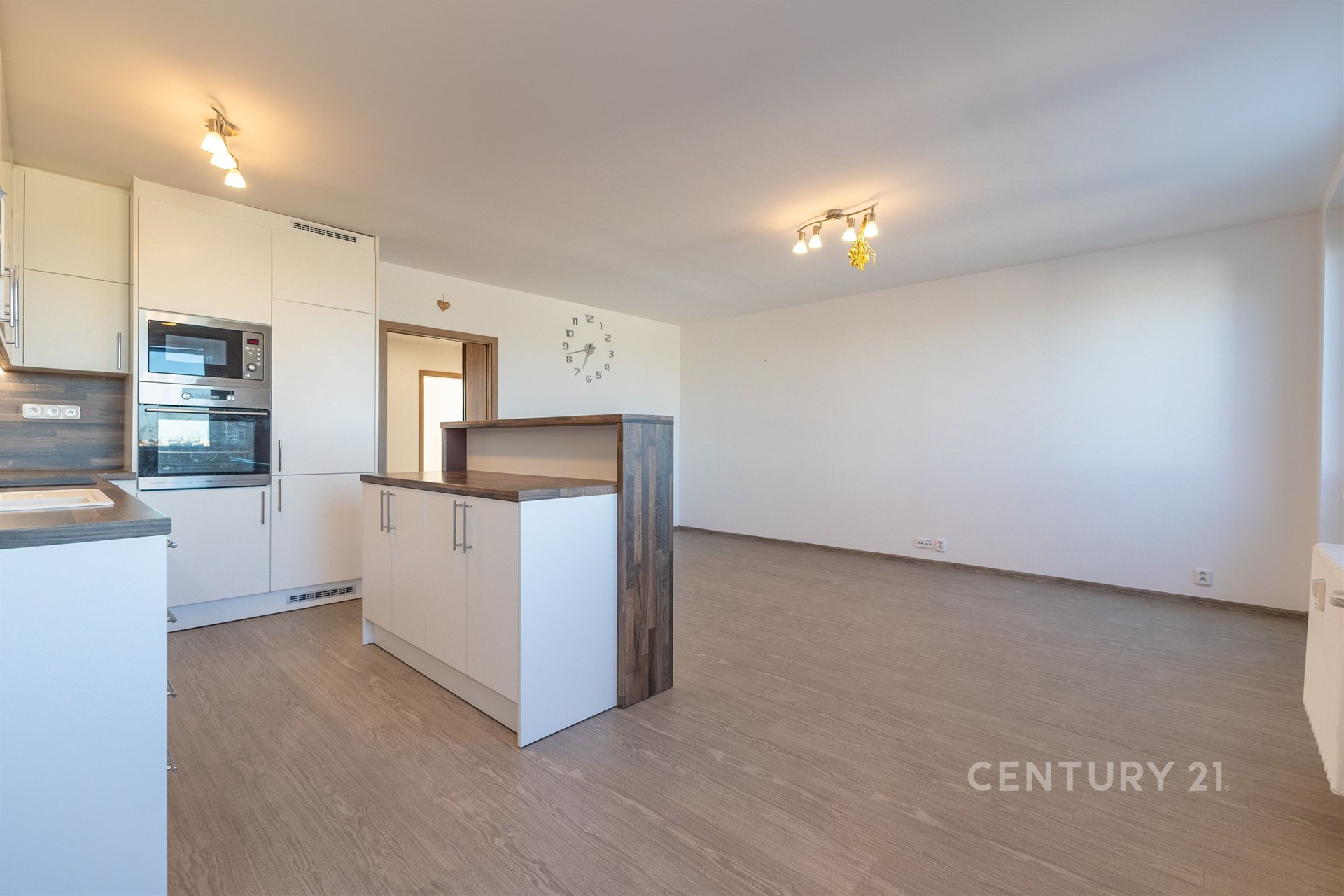 Světlý obývací pokoj s kuchyňskou linkou