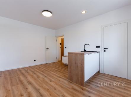 Kuchyňský kout s moderními dřevěnými dvířky, parketová podlaha, světlý interiér s minimalistickým stylem a vestavěným osvětlením.