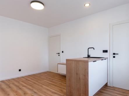 Světlý obývací pokoj s moderní kuchyňskou linkou, dřevěnou podlahou a minimalistickým designem.