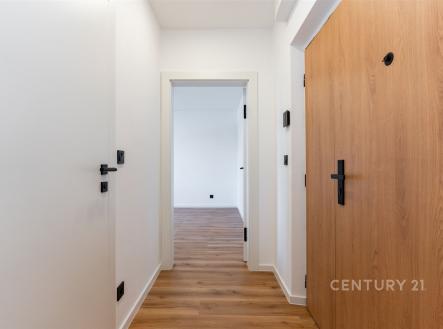 Světlá chodba s dřevěnou podlahou, moderními dveřmi a světlými stěnami, vytváří elegantní vstupní prostor v rekonstruovaném bytě.