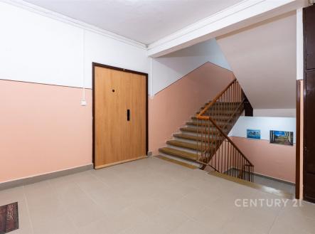 Vstupní hala s dlažbou, světlé stěny a dřevěné zábradlí poskytují moderní a čistý vzhled, ideální pro rekonstrukci nebo nové bydlení