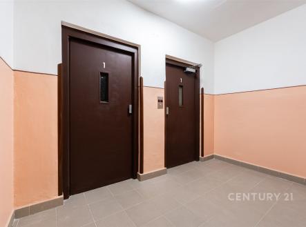 Vstupní hala bytového domu s dlažbou, moderní výtahy a světlé stěny v kombinaci oranžové a bílé barvy.