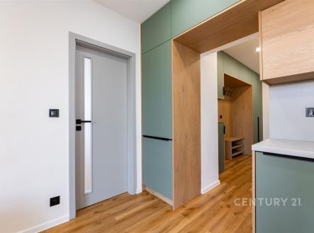 Vstupní hala s parketovou podlahou a vestavěnými skříněmi, moderní design, dřevo a pastelové povrchy vytvářejí elegantní atmosféru.