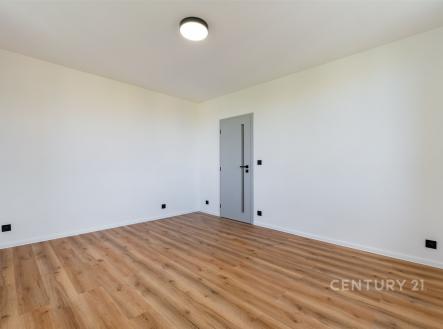 Prázdný pokoj s parketovou podlahou, světlý interiér a moderní bílou výmalbou, vhodný pro rekonstrukci nebo přizpůsobení dle přání.