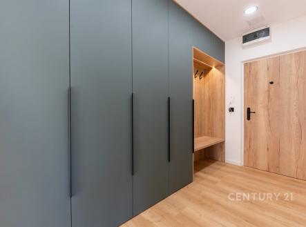 Vstupní hala s vestavěnými skříněmi, moderní design, laminátová podlaha, dřevěné dveře.
