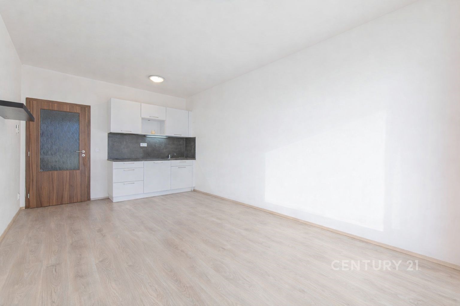 Světlý obývací pokoj s moderní kuchyní, parketová podlaha, vestavěné skříně, minimalistický styl.