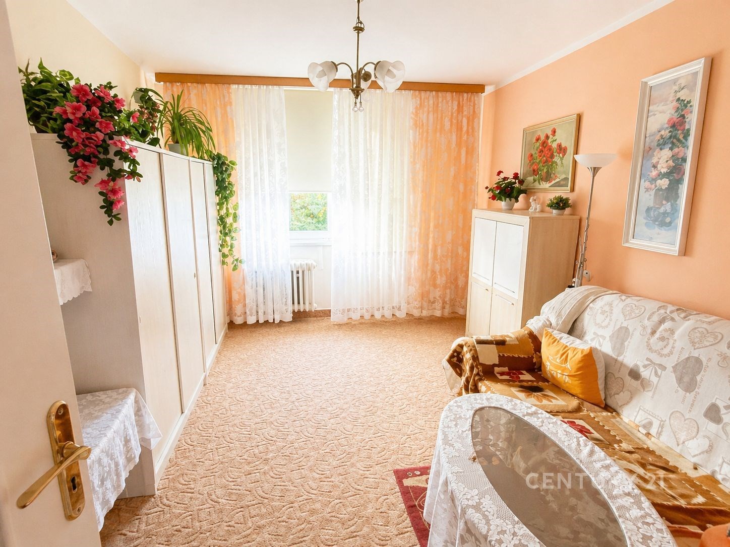 Světlý obývací pokoj s kobercem, velká okna a vestavěné skříně, dekorativní rostliny, klasický stylový nábytek, útulná atmosféra.