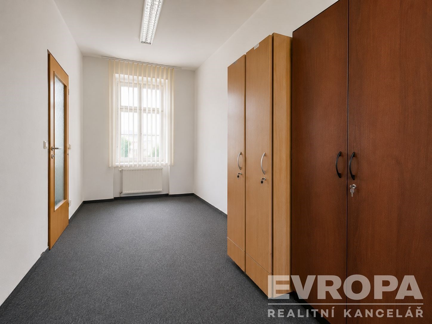 Prázdná kancelářská místnost s tmavým kobercem, vestavěnými skříněmi a velkým oknem. Světlé stěny a dobré přirozené osvětlení.