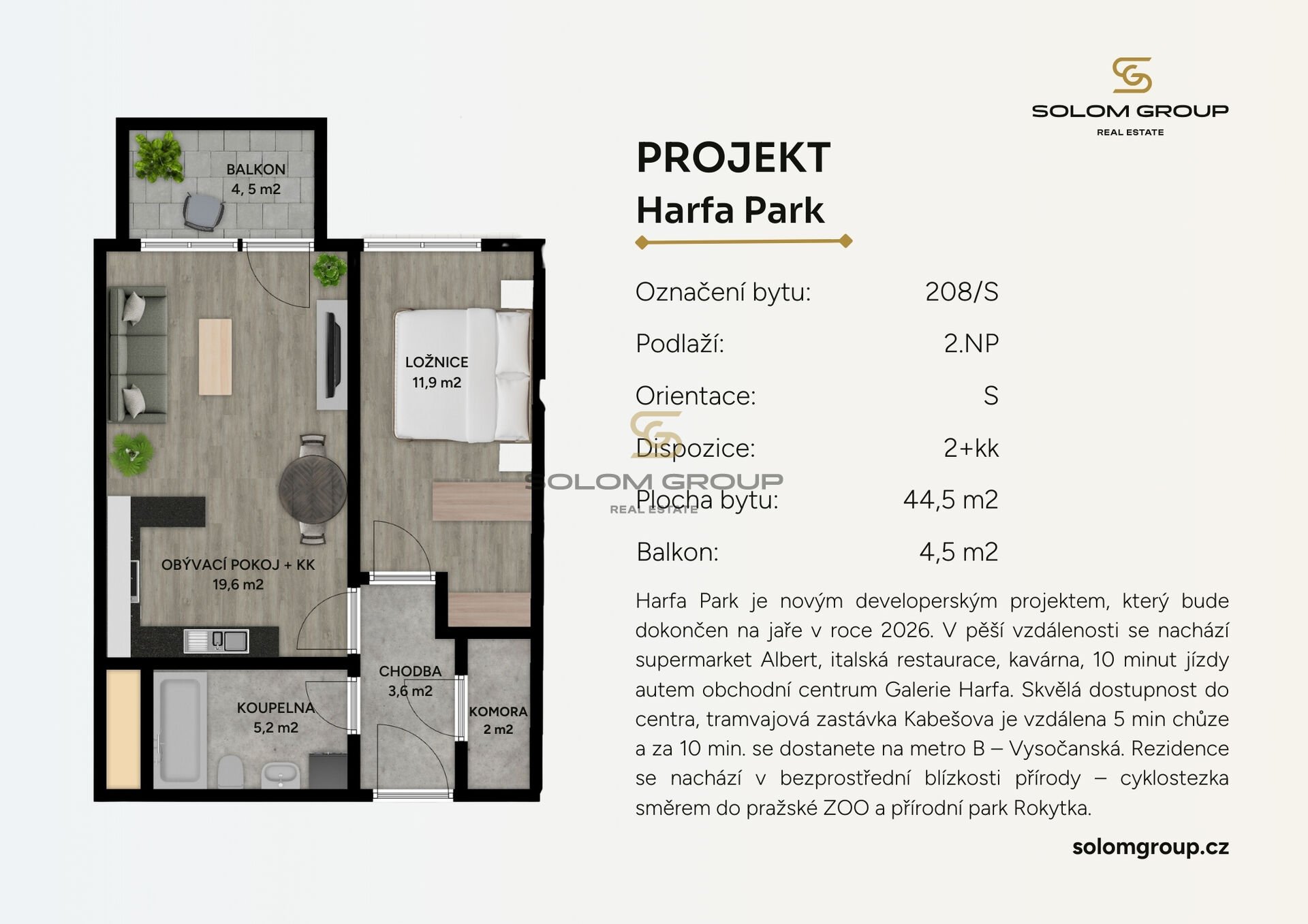 Prodej NOVÉHO bytu 2+kk + balkon + komora v bytě, 49 m2 + parkovací stání, Vysočany