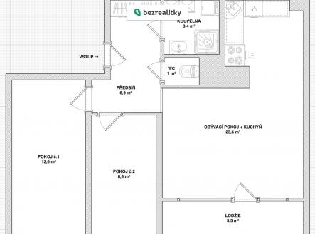 Prodej bytu, 3+kk, 56 m²