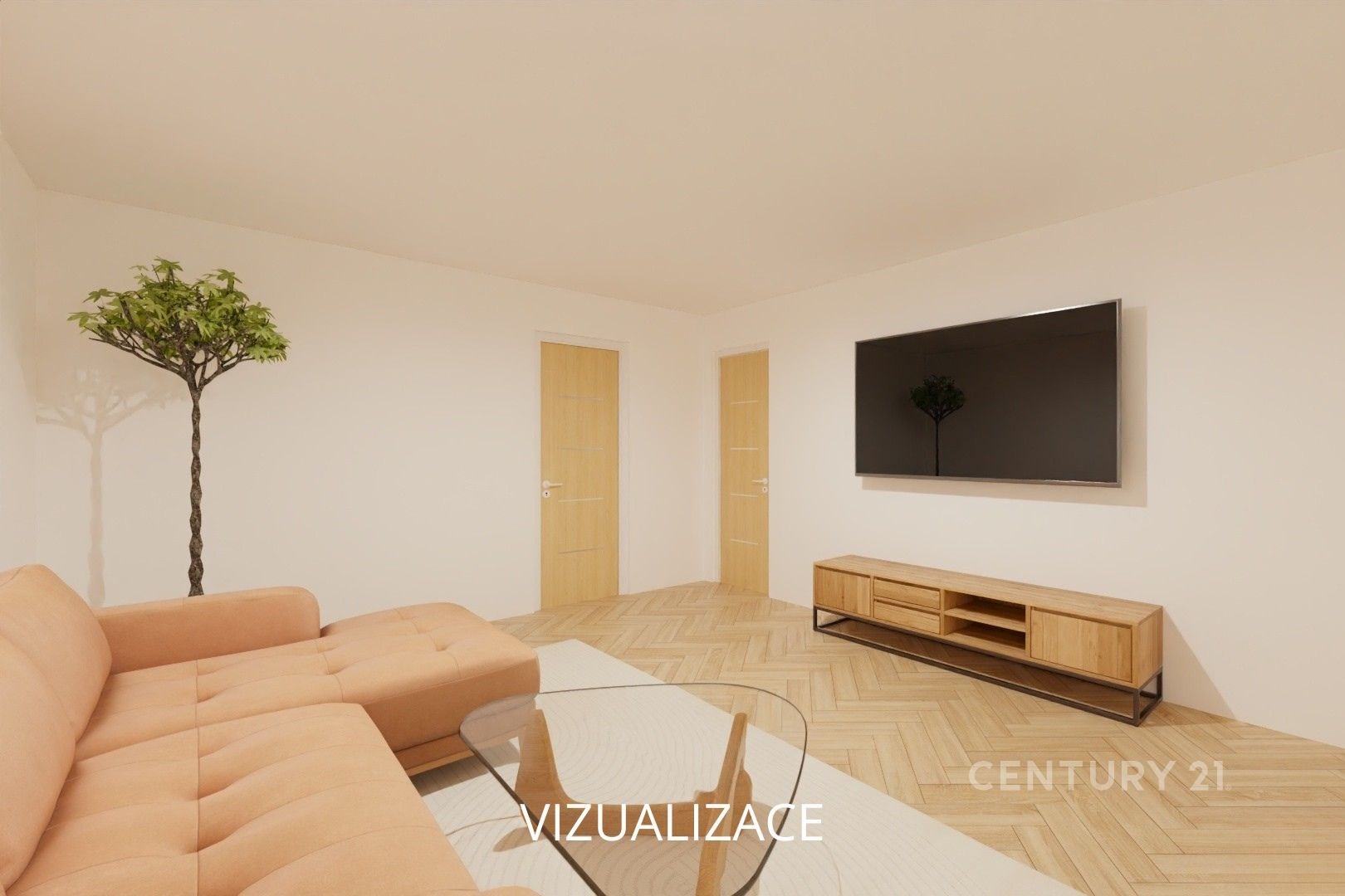 Světlý obývací pokoj s parketovou podlahou, moderní sedací soupravou a velkou obrazovkou. Stylová dřevěná komoda dodává prostoru eleganci.