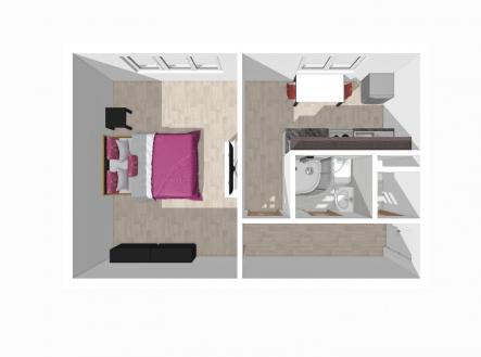 Ložnice s dřevěnou podlahou, vestavěnými skříněmi a moderním nábytkem. Světlý prostor s velkým oknem zajišťuje dostatek přirozeného světla.