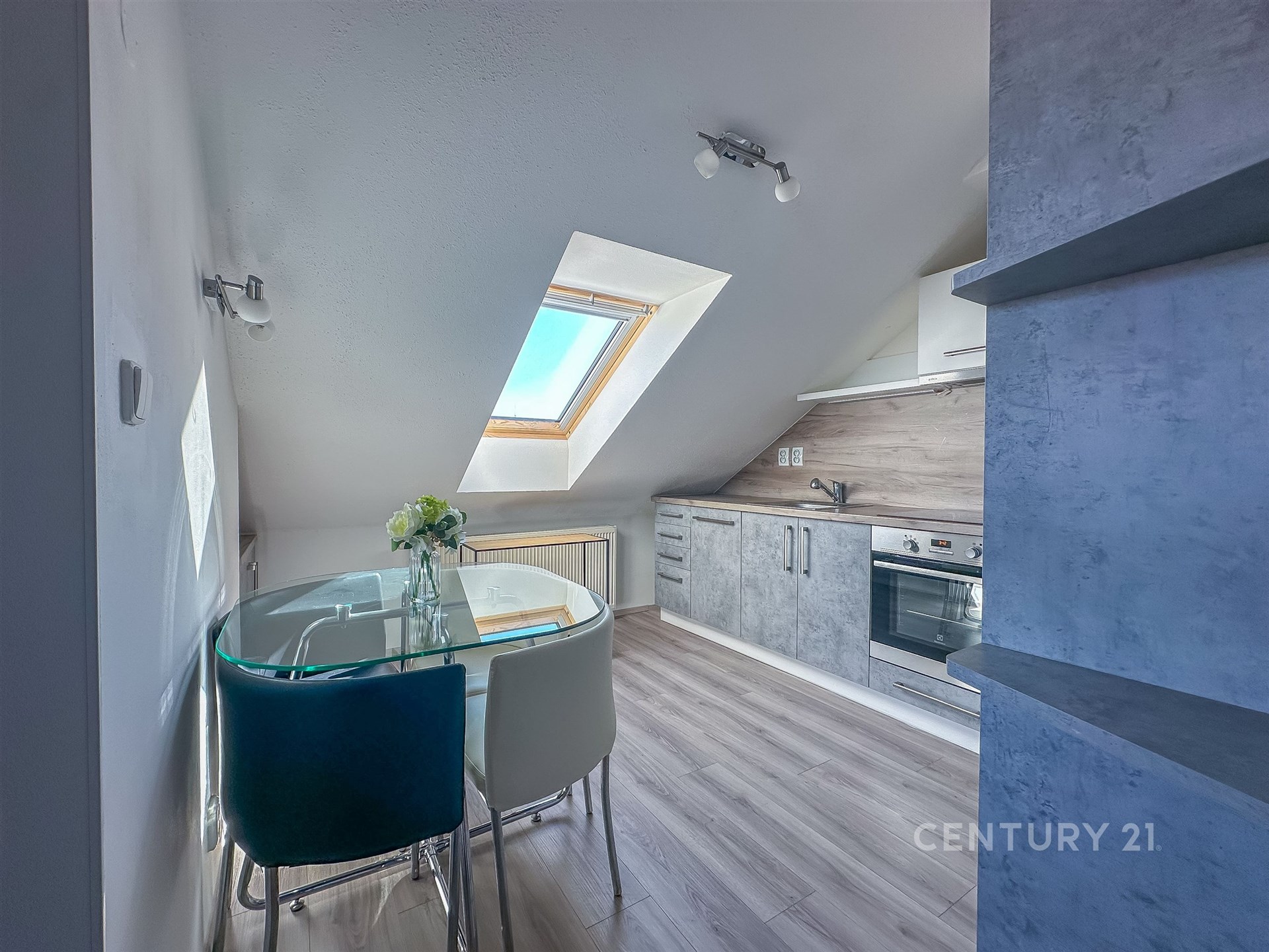 Podkrovní kuchyň s moderními spotřebiči, světlou dřevěnou podlahou a střešním oknem, které zajišťuje dostatek přirozeného světla.